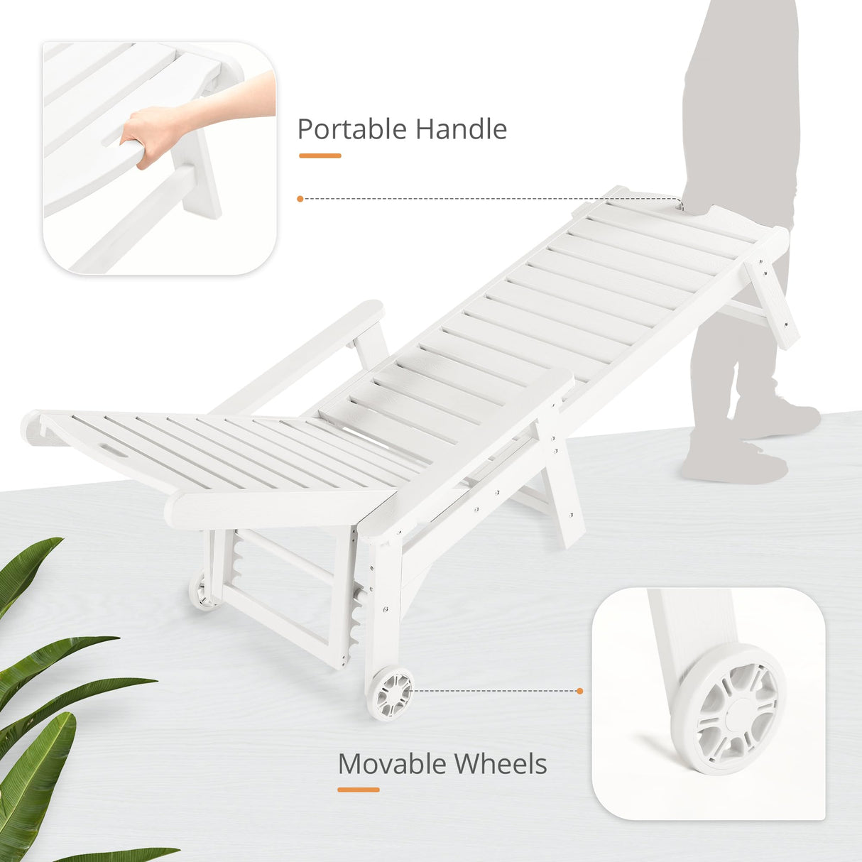 LUE BONA Outdoor Chaise Lounge Chairs Set of 2, HDPS Material, 3-Year Warranty, Patio Lounge Chair with Adjustable Backrest, Resin Pool Lounge Chairs with Wheels for Outside, Poolside, Beach, White LUE BONA