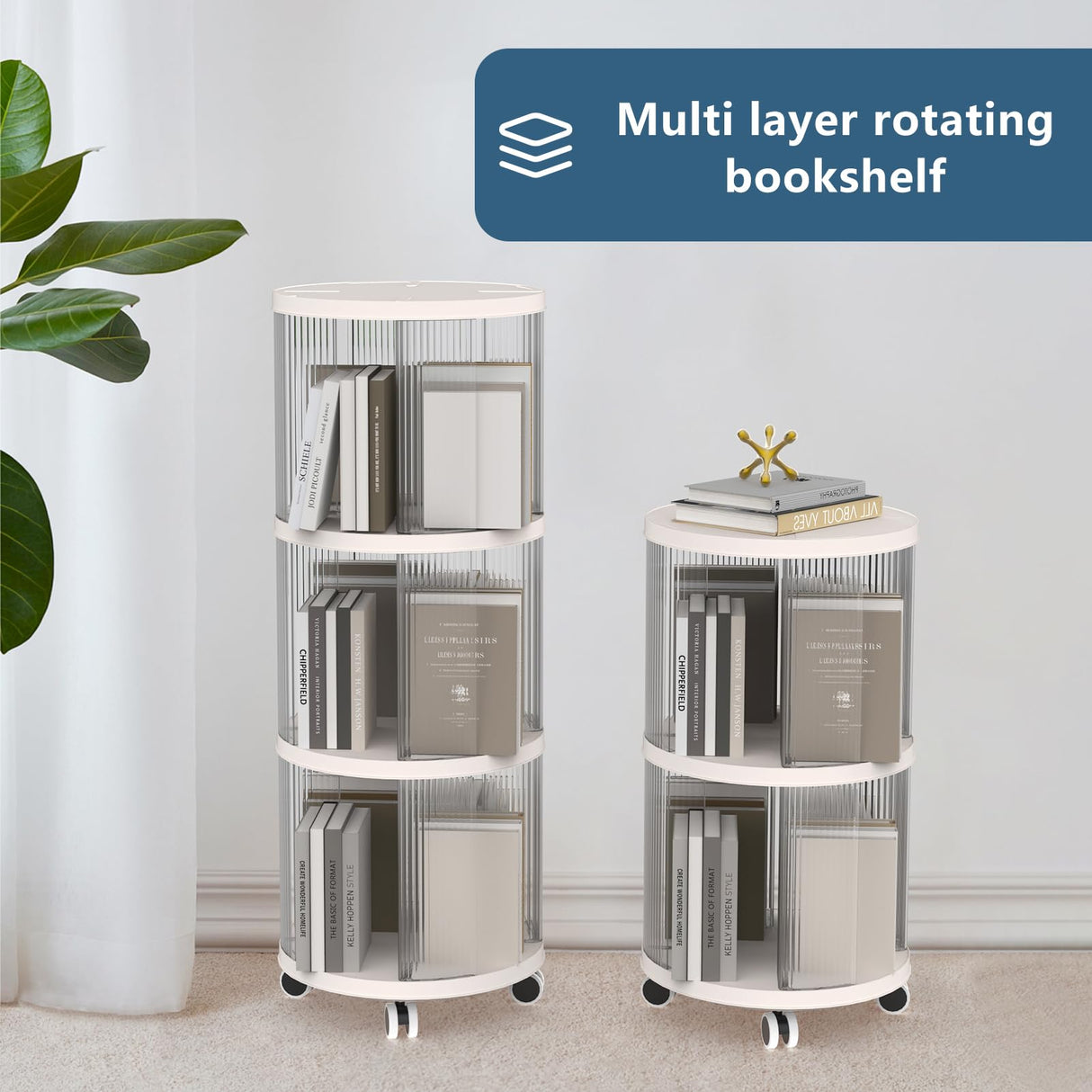 Rolling Bookshelf, 360°Display Spinning Rotating Revolving Bookshelf with Brake Wheels, 3 Tiers Moveable White Small Corner Bookcase Suitable for Bedrooms, Living Looms, Offices, and Study Rooms Leafpool