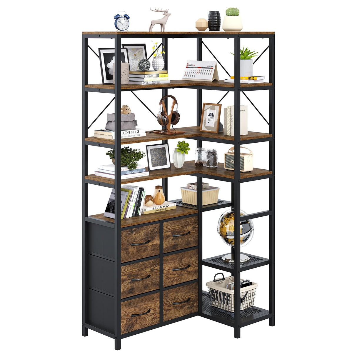 HAUOMS Corner Bookshelf, 7-Tier Industrial Convertible Book Shelf with 6 Fabric Drawers, Corner Bookcase Freestanding Display Shelf for Living Room, Kitchen, Home Office, Rustic Brown HAUOMS