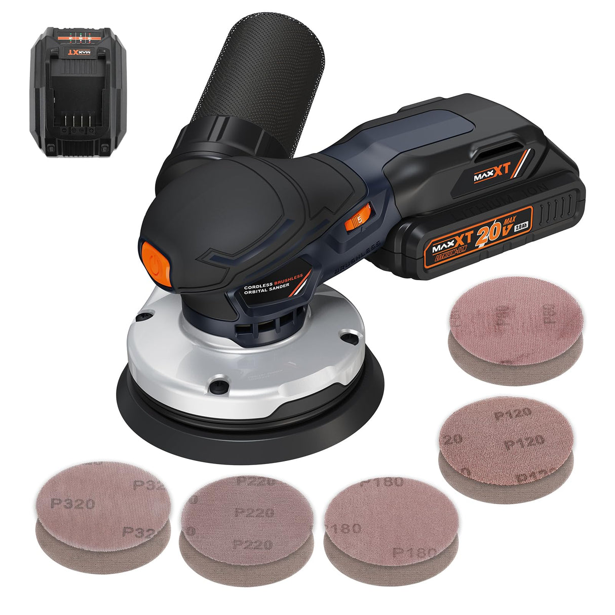 MAXXT Cordlees Random Orbital Sander, Burshless 20V Electric Sander, 7 Variable Speed Palm Sander, 4000-10000RPM, Dust Collector, Portable Sander Tools Kit for Woodworking(Battery Included) MAXXT
