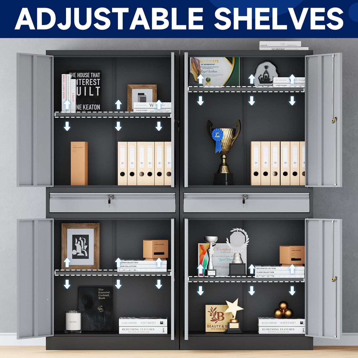 Yizosh Metal Garage Storage Cabinet with Locking Doors and Adjustable Shelves, Tool Storage Cabinet with 1 Drawer - 71" Steel Locking Cabinet for Garage, Warehouse (Gray Black) Yizosh