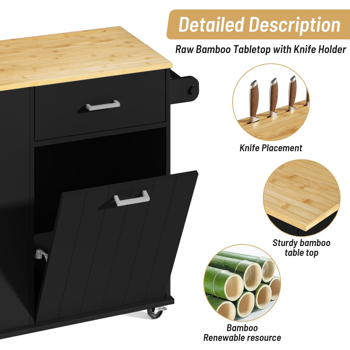 Kitchen Island with Trash Can Storage, Rolling Kitchen Island on Wheels, Tilt Out Trash Cabinet, Bamboo Tabletop, Towel Rack, Knife/Spice Rack, and Drawers, Black Glavbiku