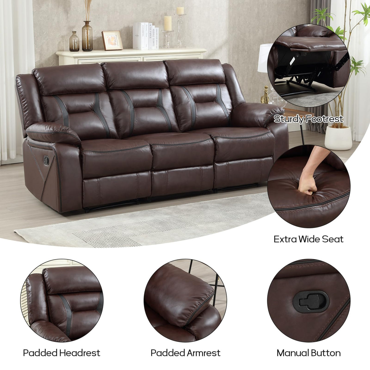 EBELLO Manual Recliner Sofa Set, Faux Leather Reclining Living Room Furniture Set, Included Recliner Chair and 3 Seat Manual Sofa, Dark Brown EBELLO