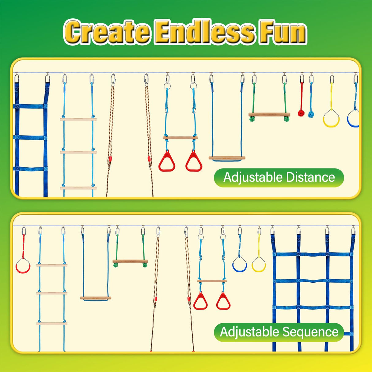 65 FT Ninja Warrior Obstacle Course for Kids, 65 FT Durable Slackline with 14 Obstacles-Swings, Monkey Bars, Arm Trainers and More, Weatherproof Outdoor Obstacle Course for Backyard,3+ Years Old FAHKNS