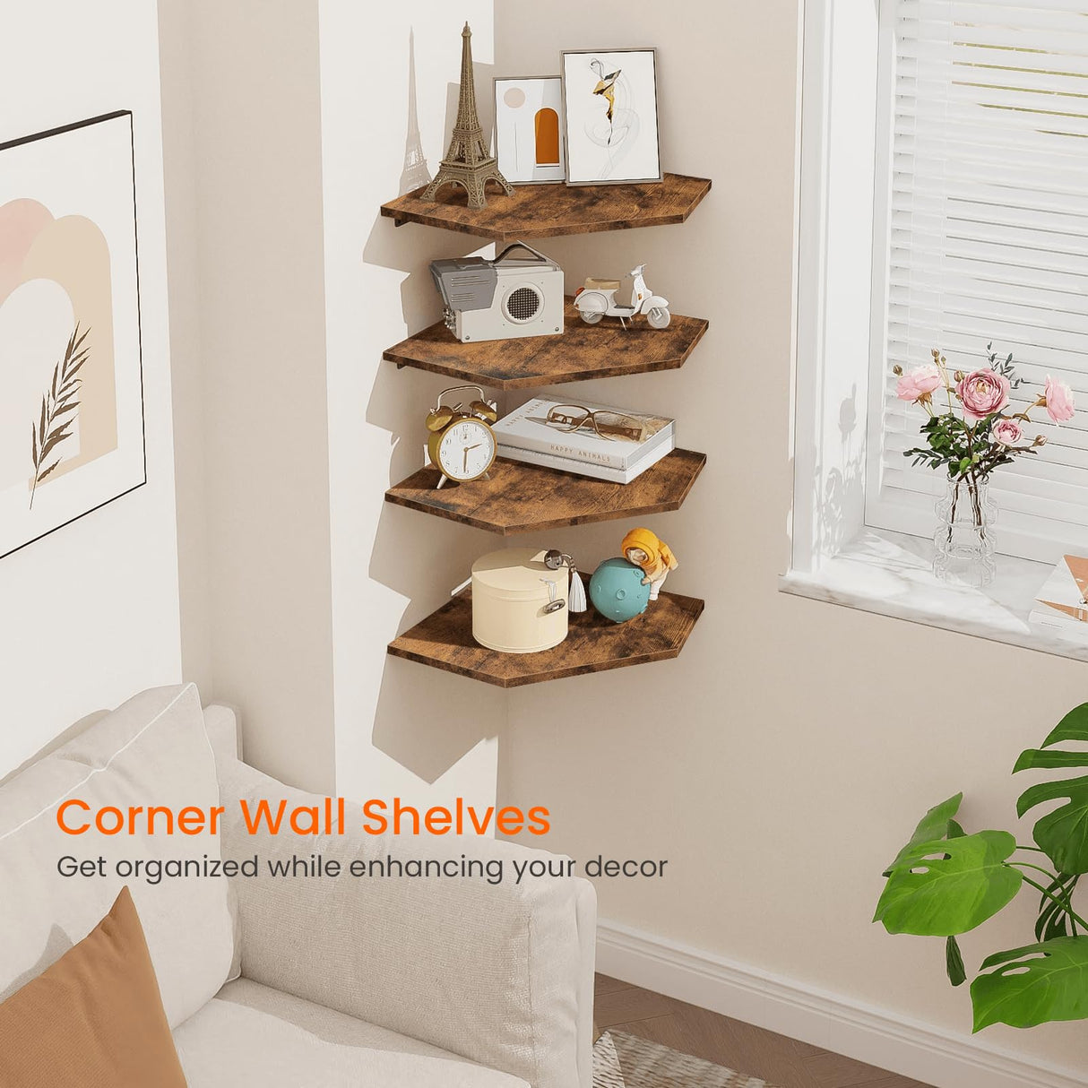 Homode Corner Shelf Wall Mount, Set of 4 Floating Corner Shelves with Cord Hole for Cable Box, Wood Corner Hanging Shelves for Bathroom Bedroom Kitchen, Rustic Brown Homode