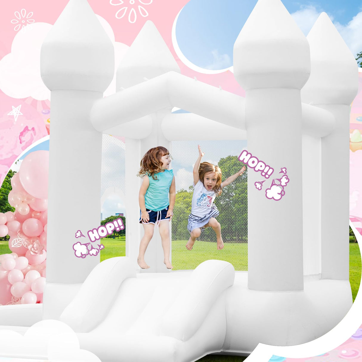 FBSPORT White Bounce House, Inflatable Bouncer with Air Blower,Indoor & Outdoor Bouncy Castle with Big Ball Pit for Wedding Party Kids Birthday Party, Easy to Install FBSPORT