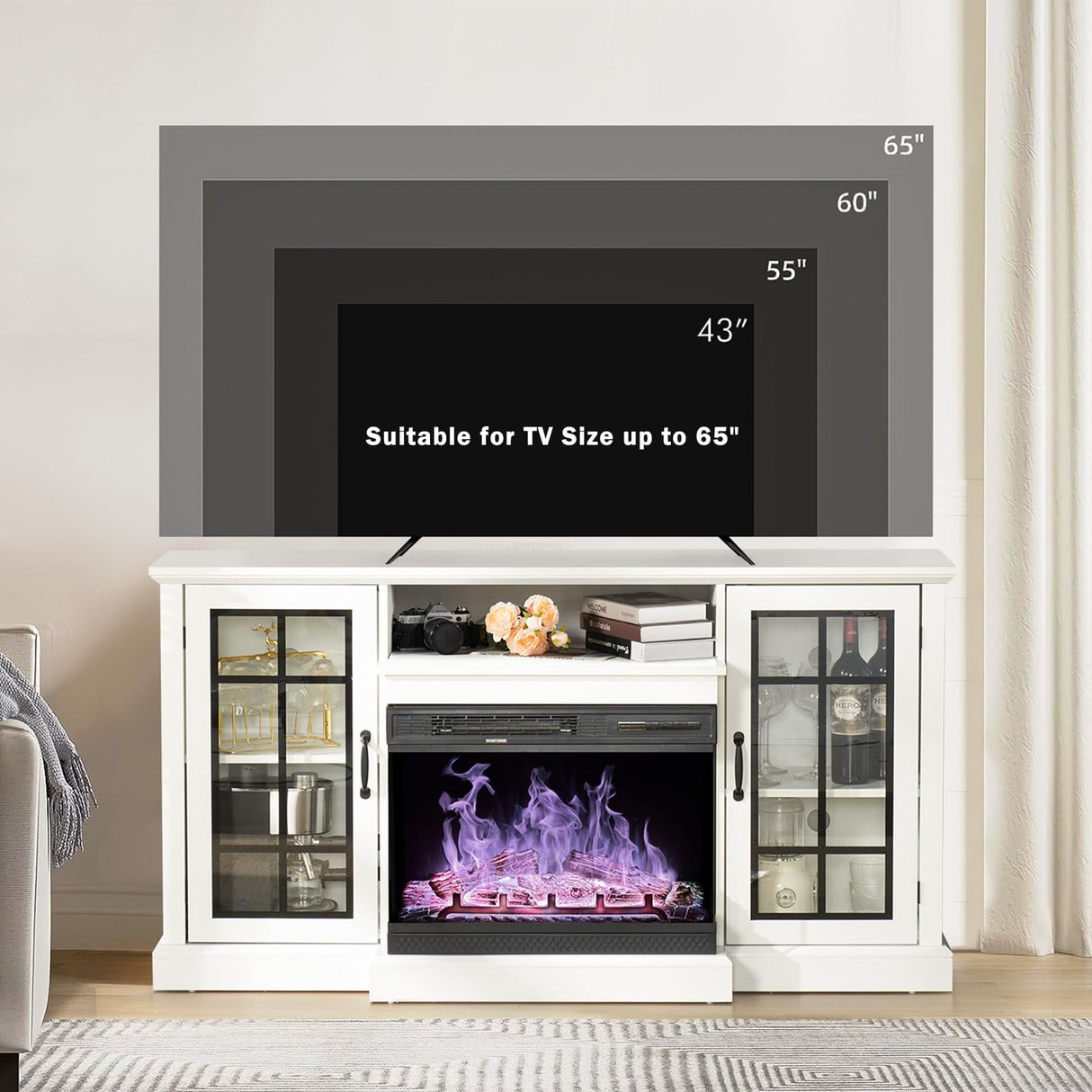 Breezestival Fireplace TV Stand with All-Sided Glass Electric Fireplace,59'' Entertainment Center with Farmhouse Glass Door Storage Cabinet, for TVs up to 65", White Breezestival