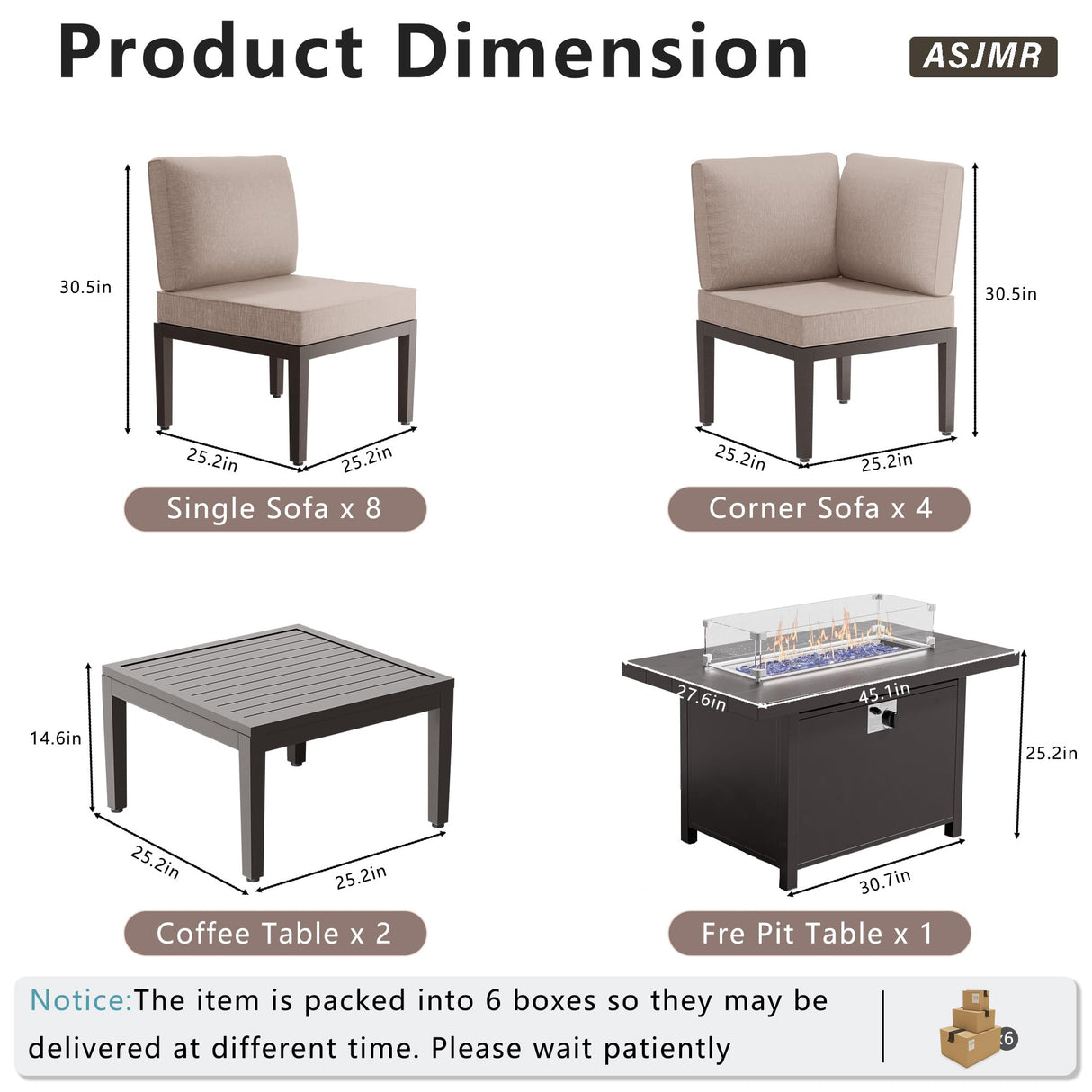 ASJMR Patio Furniture Set,15 Pieces Modern Outdoor Conversation Set w/43in Gas Fire Pit Table, Outdoor Metal Sectional Sofa with 55000 BTU Propane Fire Pit ASJMR