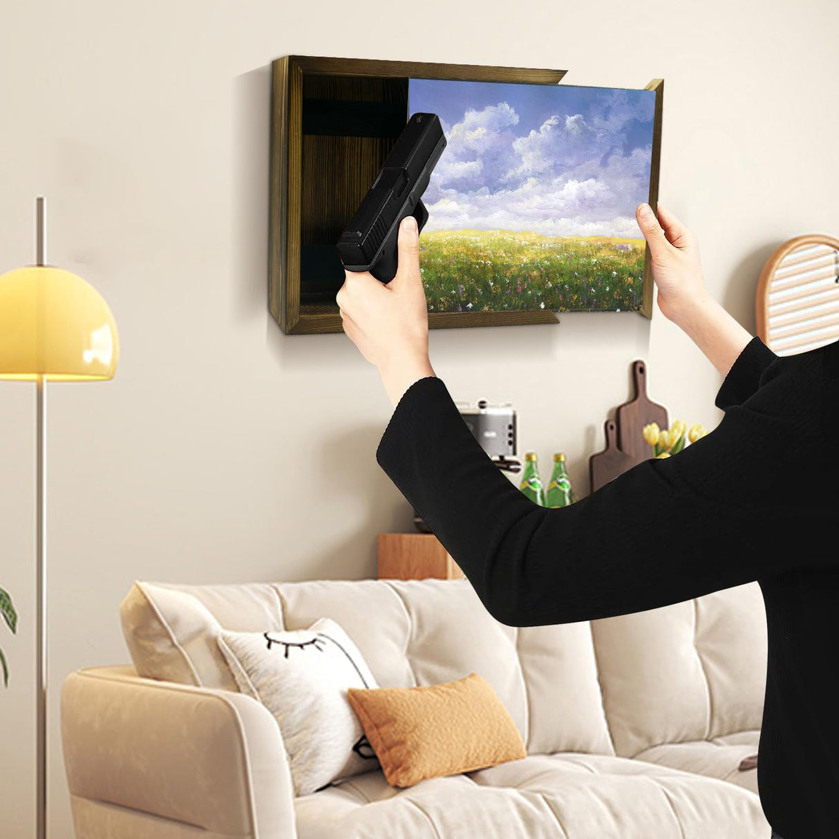 Hidden Wall Gun Safe for Home,BRXOZLE Solid Wooden Hidden Gun Storage,Indoor Concealment Furniture Upgraded 2 in1 Handgun Shelf Picture Frames Box for Home Pistols Handgun Valuables WoodArtSupply