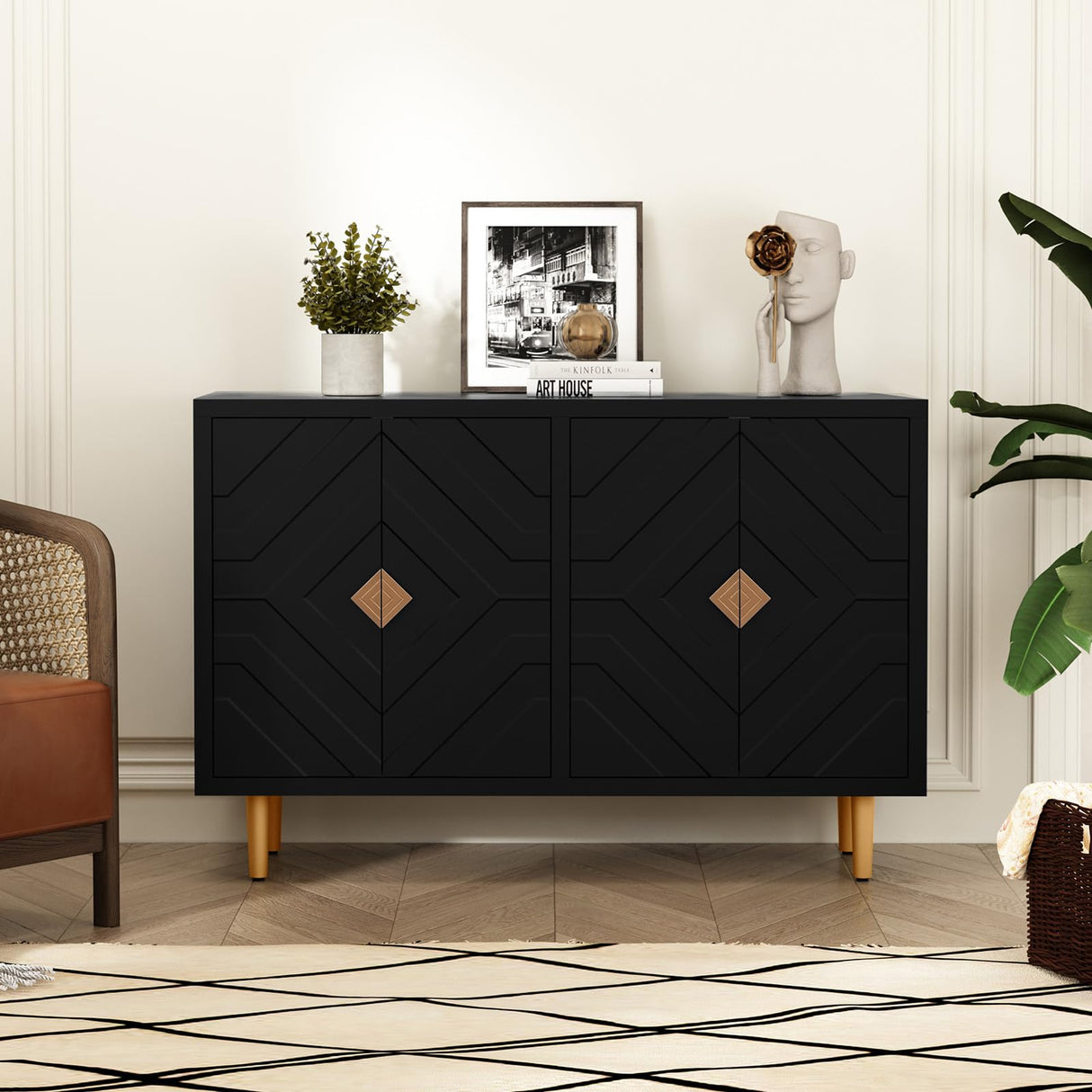 HLR 48" Accent Cabinet with 4 Doors and Shelves, Modern Sideboard Buffet Cabinet with Decorative Embossed Pattern Doors, Credenza Storage Cabinet for Living Room, Kitchen, Dining Room, Hallway HLR