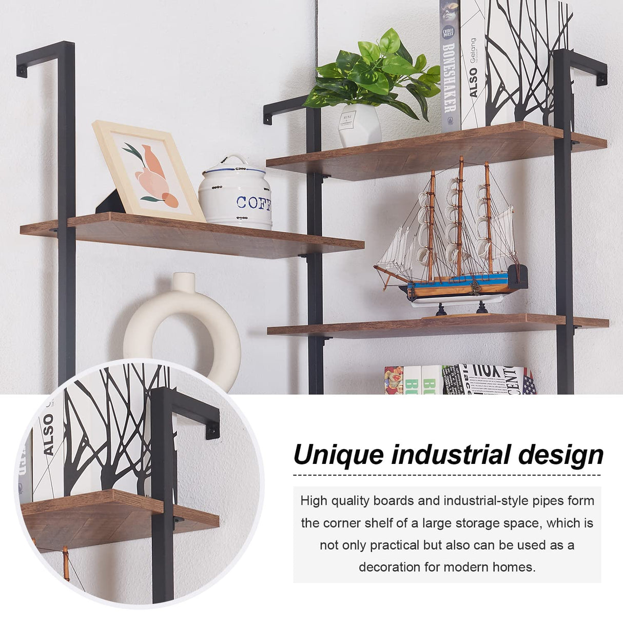 HOMISSUE Corner Bookshelf,12-Tier L Shaped Bookshelf, Double Wide Corner Wall Mount Bookcase with Metal Frame and Wood, Modern Industrial Corner Shelf for Living Room, Kitchen, Home Office Brown HOMISSUE