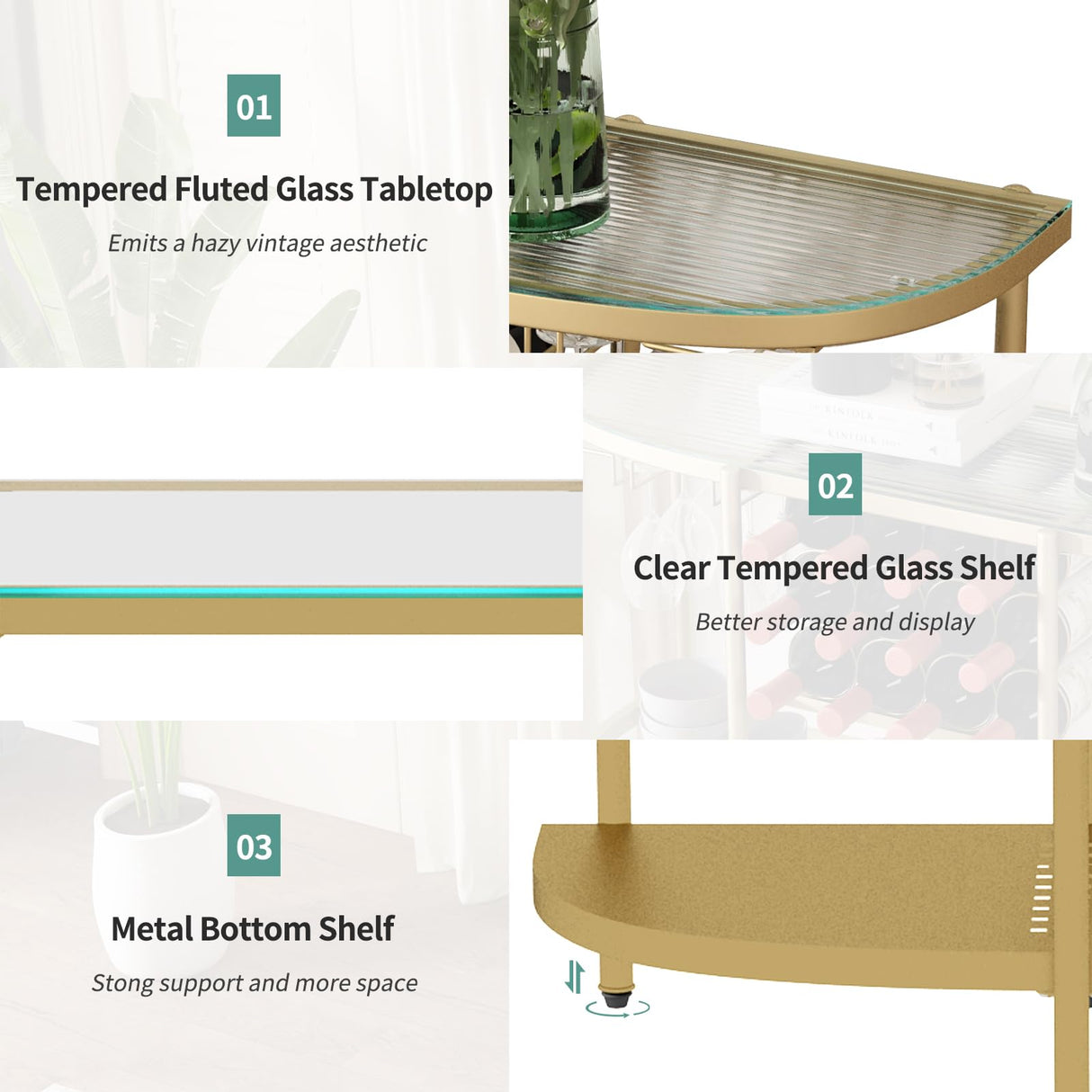 O&K FURNITURE Home Bar Table with Wine Racks, 3 Tier Wine Bar Table with Glass Holders, Wine Cabinet with Open Shelf, Liquor Bar Coffee Bar Table for Living Room Kitchen, Gold O&K FURNITURE