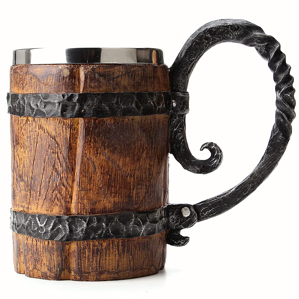 OTARTU Vintage Faux Oak Wood Barrel Beer Mug, Medieval Retro Viking Stainless Steel Coffee Cup Stein Tankard,17oz/500ML Cup Mug,Unique Gift OTARTU
