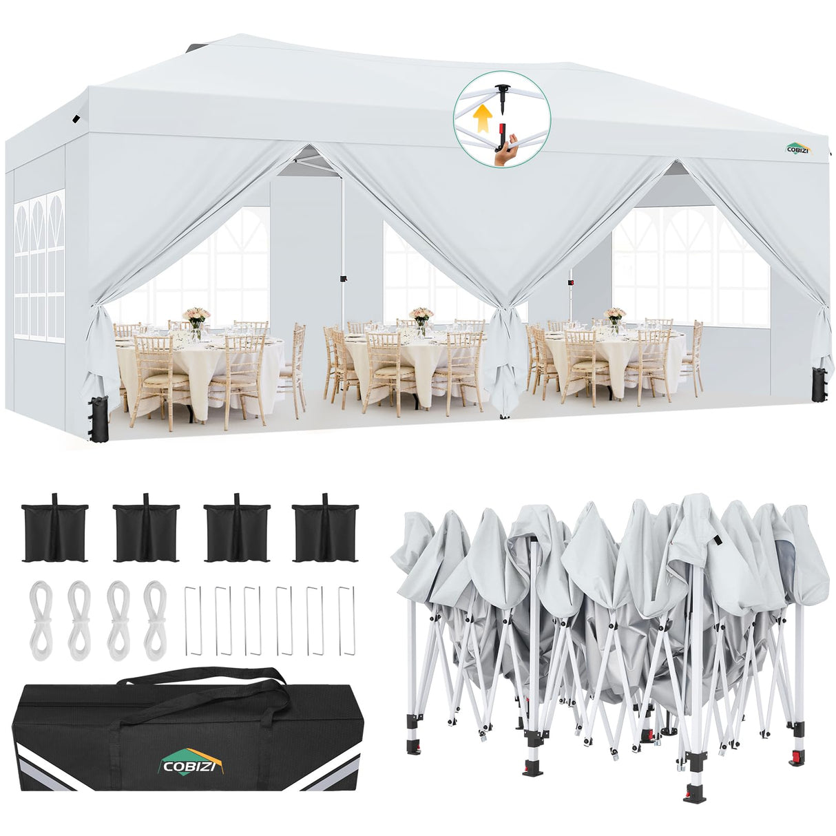 COBIZI Canopy 10x20 Pop Up Canopy Tent with 6 Sidewalls, One Push Party Tents for Parties Outdoor Wedding Waterproof Gazebo Commercial Event Tent with Sandbags, White COBIZI
