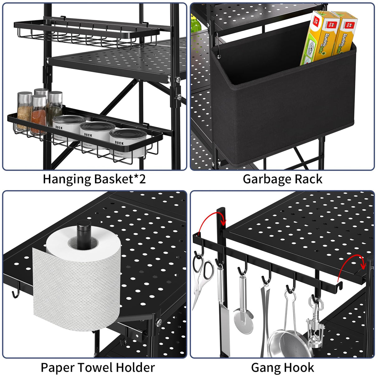 DTUQYX Rolling Kitchen Cart with Baskets: 3-Tier Microwave Stand Carts with Wheels, Kitchen Storage Rack, Foldable Outdoor Grill Cart, Utility Cart, Kitchen Island Serving Cart for Home,Camping DTUQYX