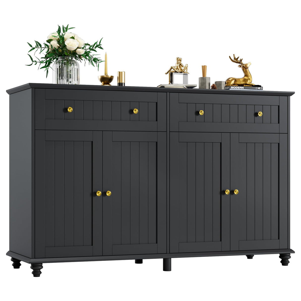 finetones Buffet Cabinet with Storage, 55.1” Large Sideboard Buffet Cabinet, Black Kitchen Cabinet Display Cabinet with 2 Drawers and 4 Doors, Wood Coffee Bar Cabinet for Kitchen Dining Room finetones