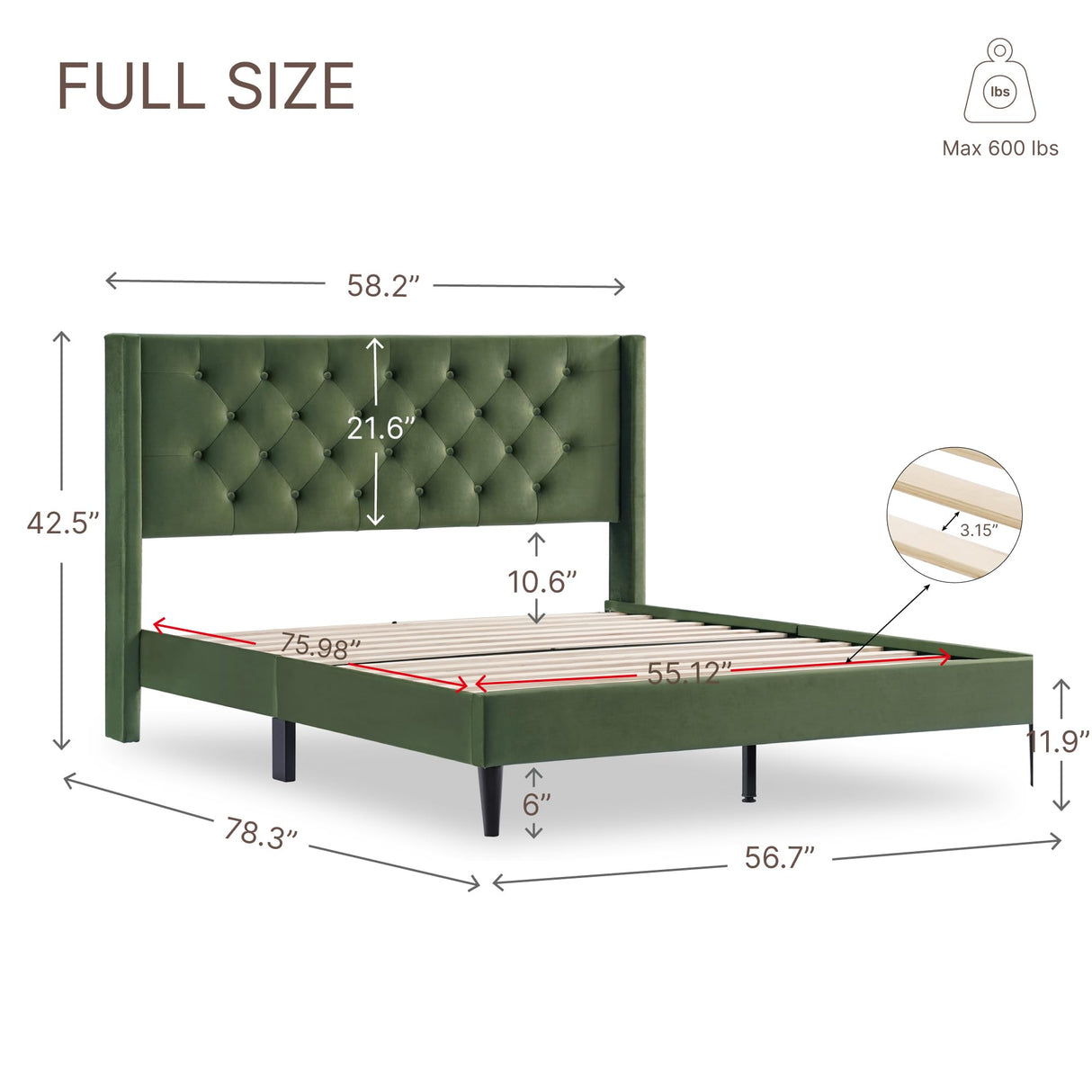 KISLOT Full Size Bed Frame, Velvet Upholstered Platform Bed Mattress Foundation, with Vertical Channel Tufted Wingback Headboard, Strong Wood Slat, No Box Spring Needed, Green KISLOT