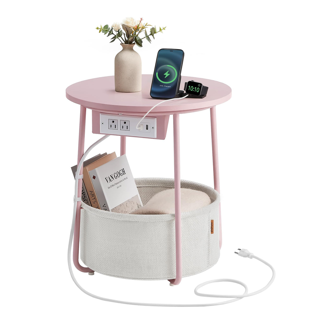 VASAGLE Side Table with Charging Station, Round End Table With Fabric Basket, Nightstand with Power Outlets USB Ports, for Living Room, Bedroom, Modern, Jelly Pink and Cream White ULET228R01 VASAGLE