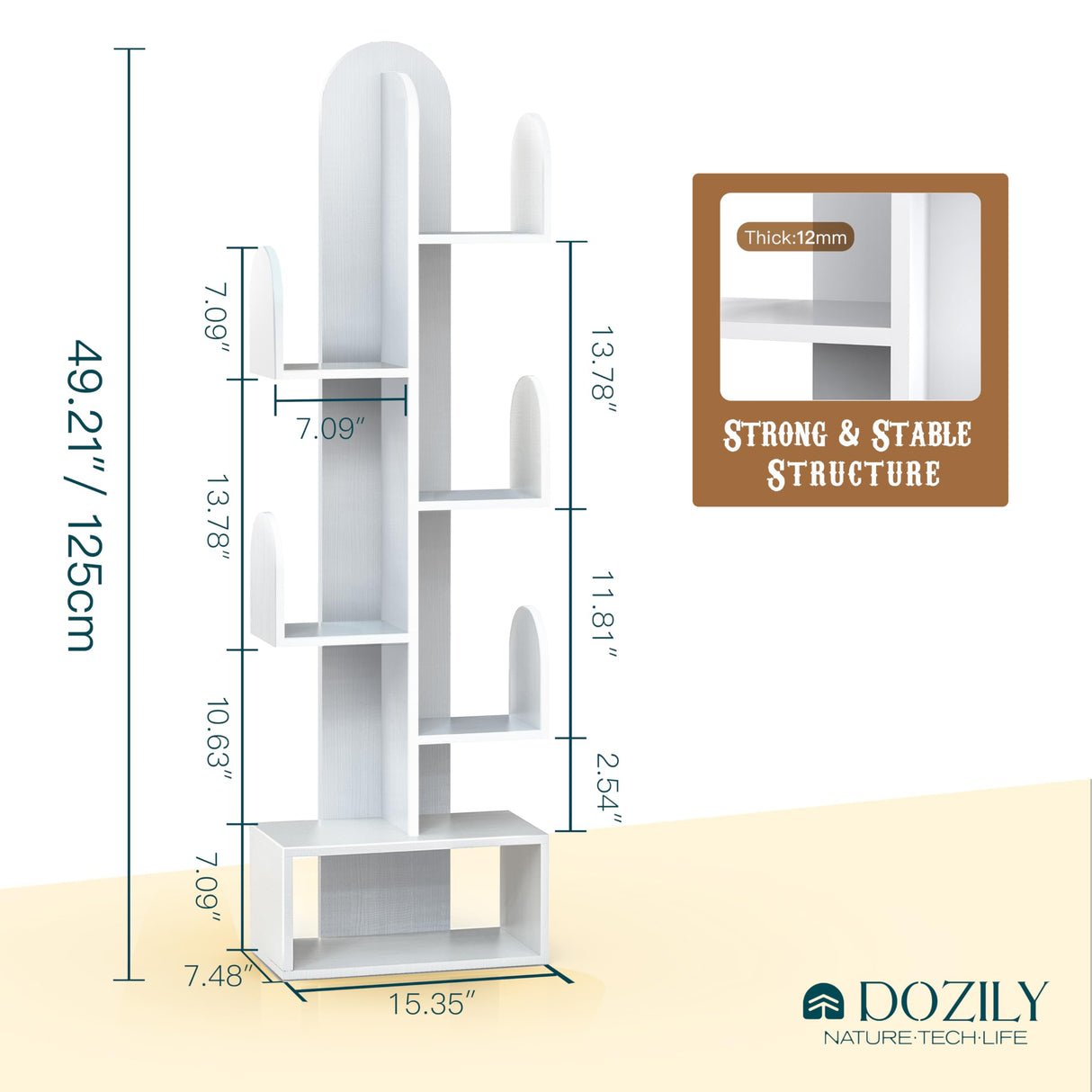 DOZILY Cactus Tree Bookshelf, 5-Tier Wood 50" Tall Book Storage Rack for CDs/Movies/Books, Small Space-Saving Organizer Shelves for Living Room, Bedroom, Home Office (White) DOZILY