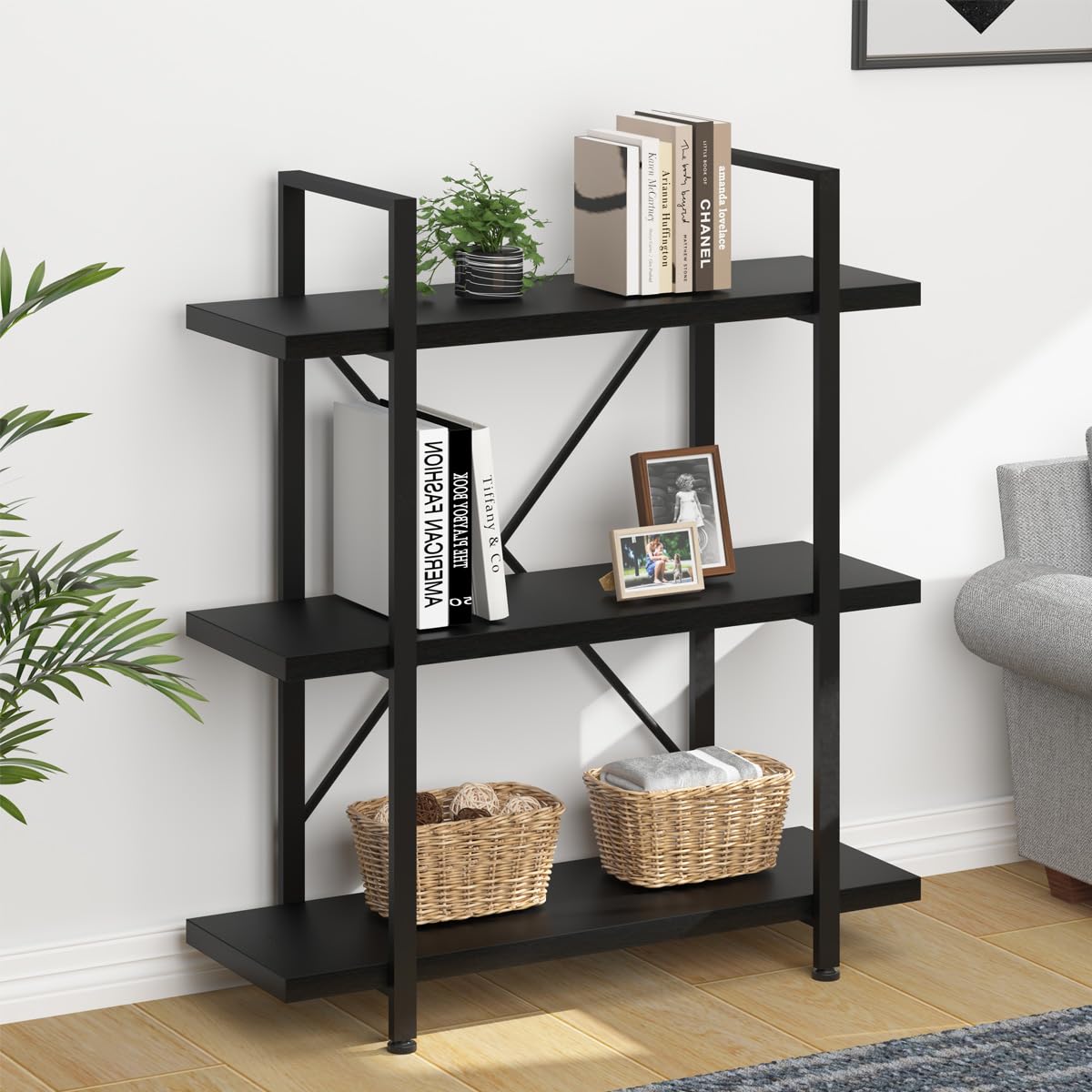 HSH Industrial-Style 3-Tier Black Oak Bookshelf with Metal Frame for Modern Storage HSH