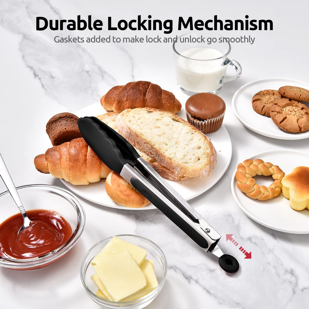 600ºF Heat Resistant Kitchen Tongs: U-Taste 9 inch Silicone Cooking Tong with Firm Sealed Non Stick Rubber Tips & Silicon Coated 18/8 Stainless Steel Handle & Smooth Locking for Serving Salad (Black) U-Taste