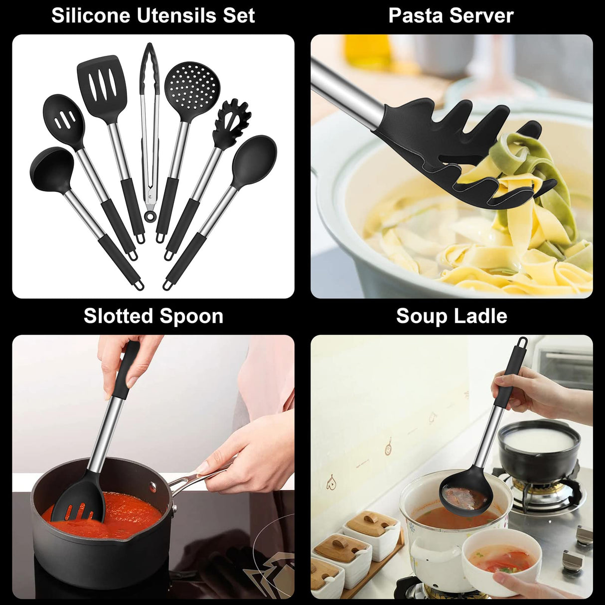 E-far Silicone Cooking Utensils Set, 7 Pcs Heat Resistant Kitchen Utensils with Stainless Steel Handle, Slotted Turner, Spoon, Soup Ladle, Pasta Server, Skimmer, Tongs for Nonstick Cookware, Black E-far