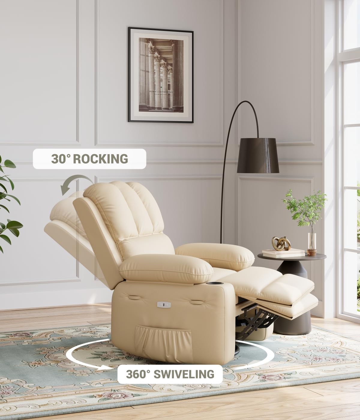 Oversized 27" Power Recliner Chair with Heat and Massage - 360° Swivel Faux Leather Rocking Chair for Adults with Cup Holder for Living Rooms, Bedrooms, and Nurseries - Beige GarveeHome