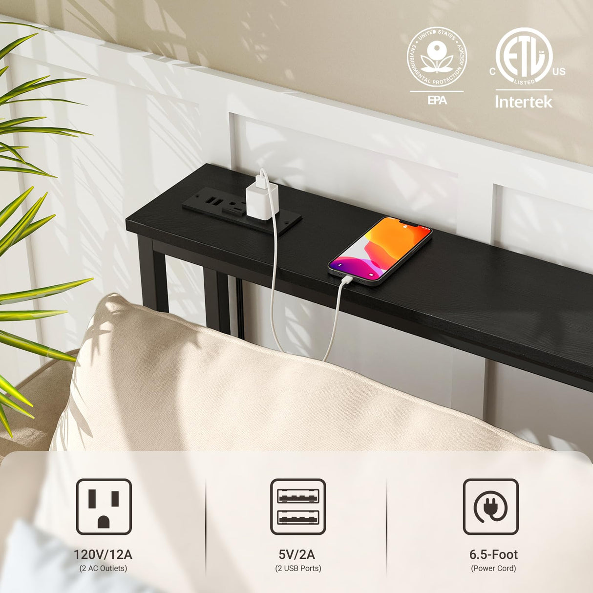 ELYKEN 2 Pack 5.9" Narrow Console Sofa Table with Power Outlets, 5.9" Dx39.4 Wx31.1 H Long Black Behind Couch Table with Metal Frame and Charge Station with 6.5’ Extension Cord ELYKEN