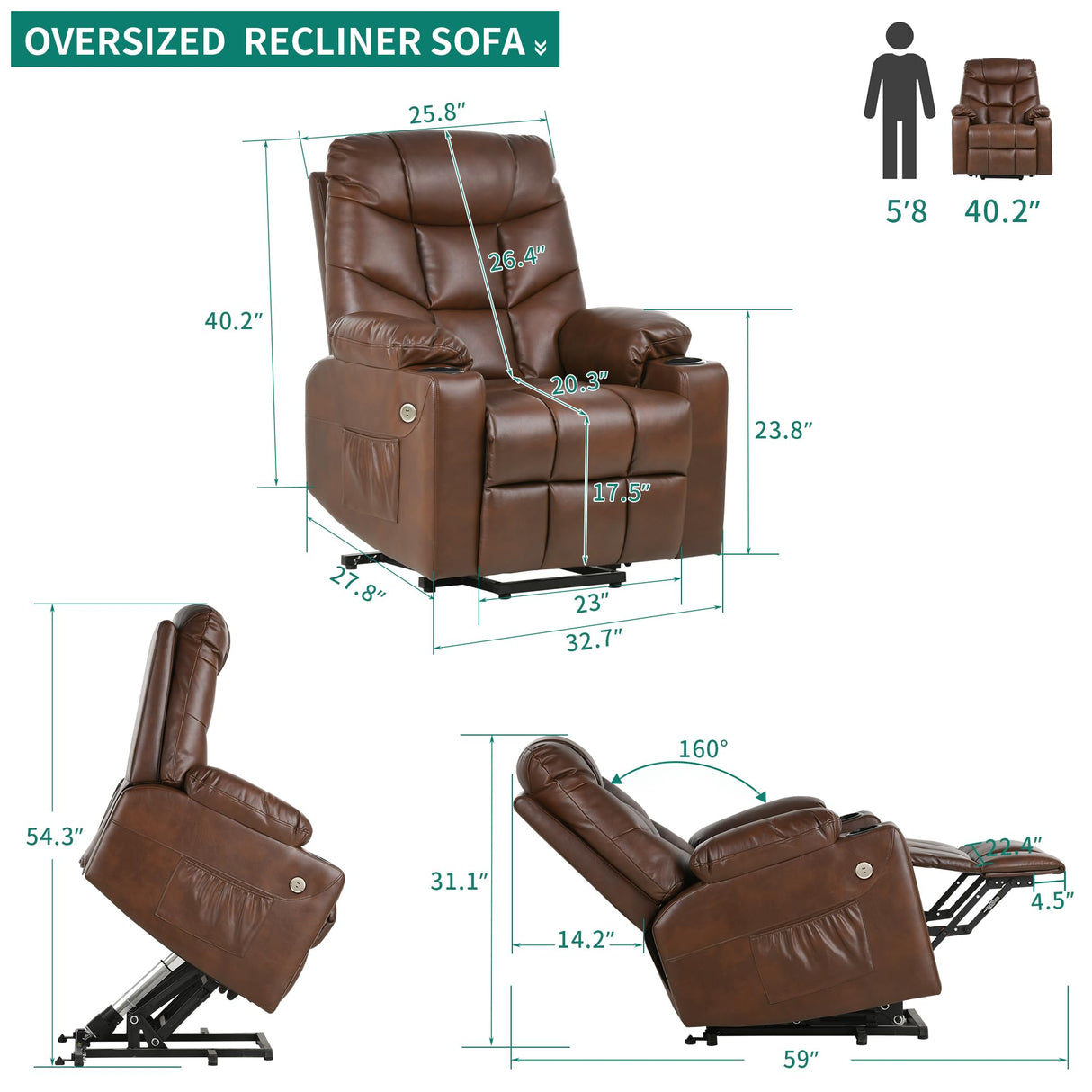 YITAHOME Power Lift Recliner Chair with Massage and Heat,Electric Fabric Recliner Chair for Elderly with USB Ports, Side Pockets, Remote Control, Cup Holders for Living Room, Brown3 YITAHOME