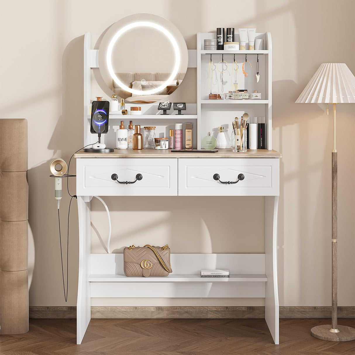 Vabches Vanity Desk with Mirror and Lights, Makeup Vanity Desk with Charging Station, 3 Lighting Modes & Adjustable Brightness Dressing Table with 2 Drawers for Bedroom Dressing Room Vabches