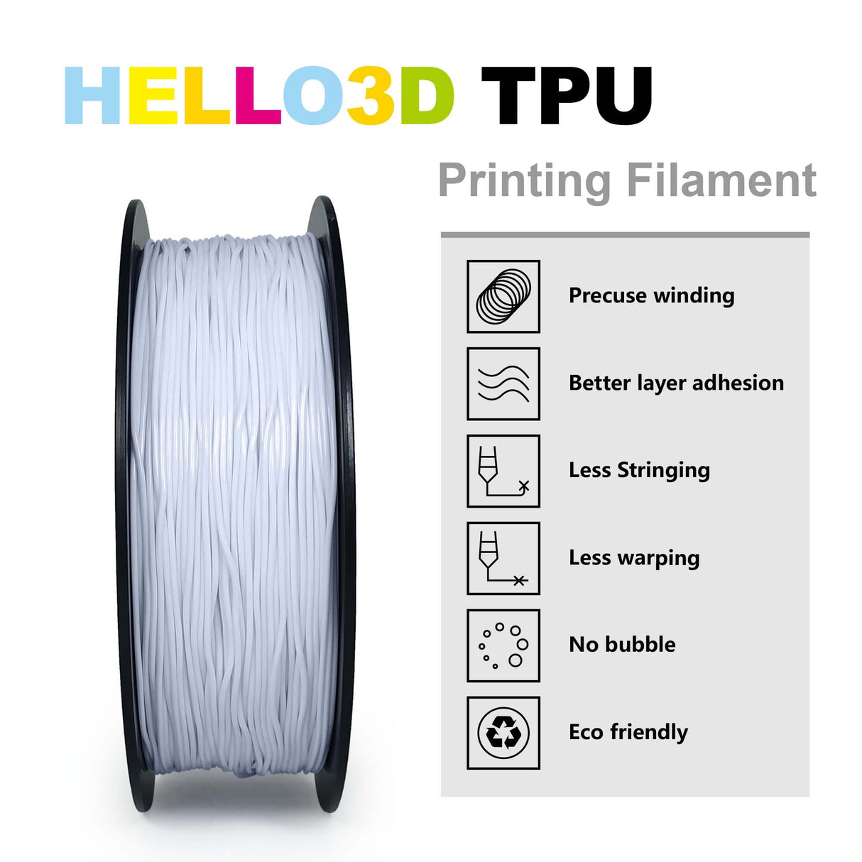 HEllO3D TPU Filament 1.75mm Flexible 3D Printer Filament,85A Soft 3D Printer Filament,TPU Elastomer 3D Filament,Vacuum Packed,Dimensional Accuracy +/- 0.05mm,1Kg Spool (1KG)(White) HELLO3D