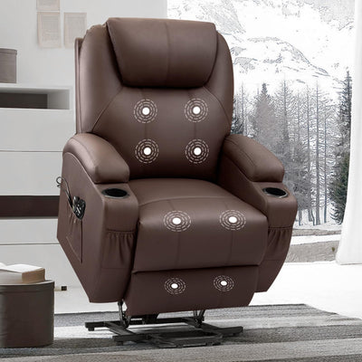 VICTONE Electric Power Lift Recliner Chair for Elderly Reclining Sofa for Living Room with Massage, Side Pockets and Cup Holders (Leather, Brown)