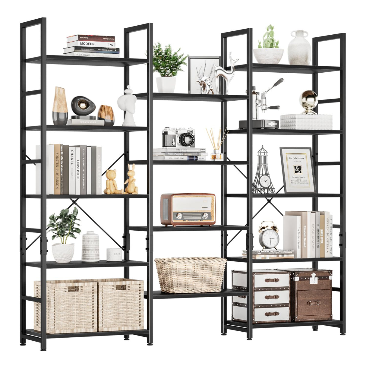 NUMENN Triple Wide 5 Tier Bookshelf, Rustic Industrial Style Bookcases and Bookshelves with 14 Open Display Shelves, Modern Tall Bookcase Furniture for Bedroom, Living Room and Home Office, Black NUMENN