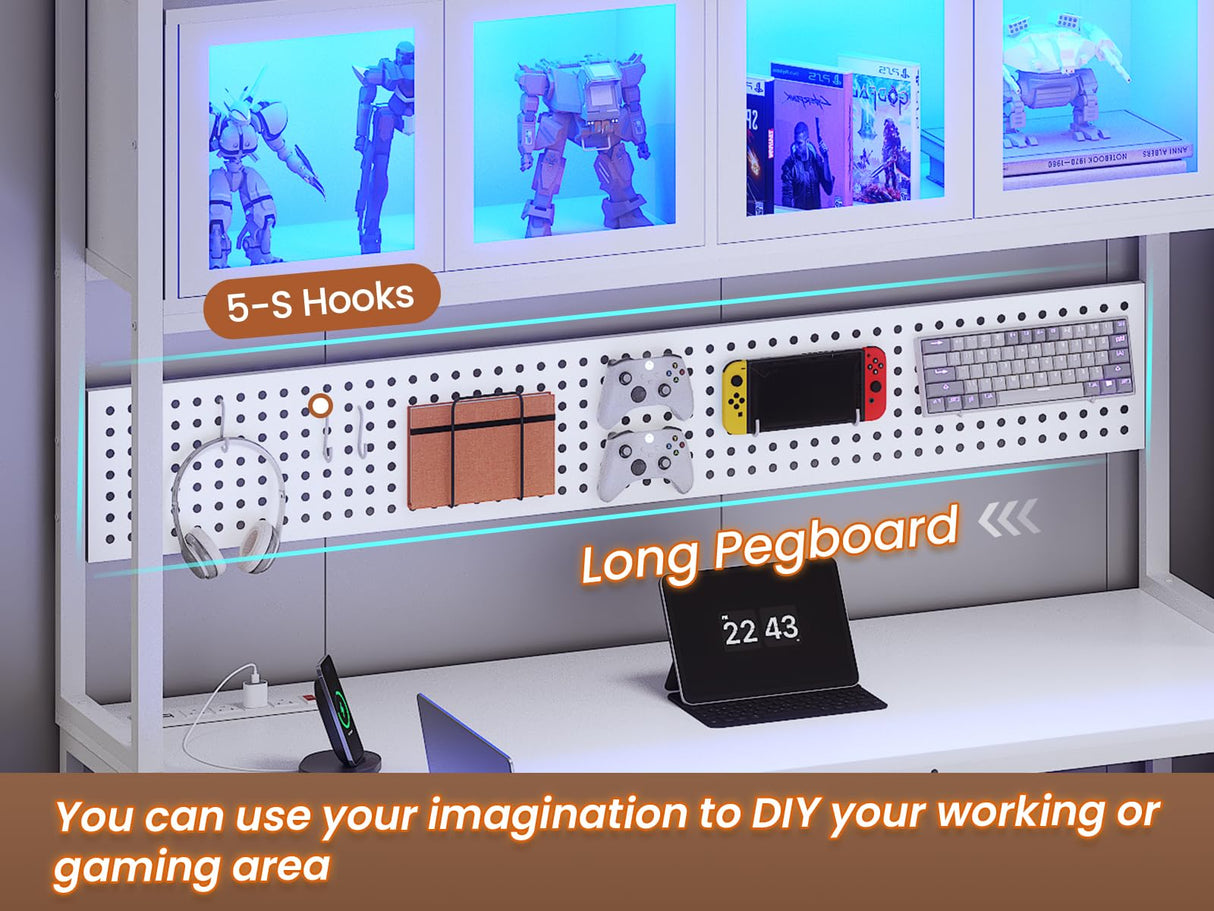 SEDETA L Shaped Gaming Desk with Drawers, L Shaped Computer Desk with Hutch and Storage Shelves, Gaming Desk with Pegboard, Led Lights, and Power Outlet, Home Office Desk, Corner Desk, White SEDETA