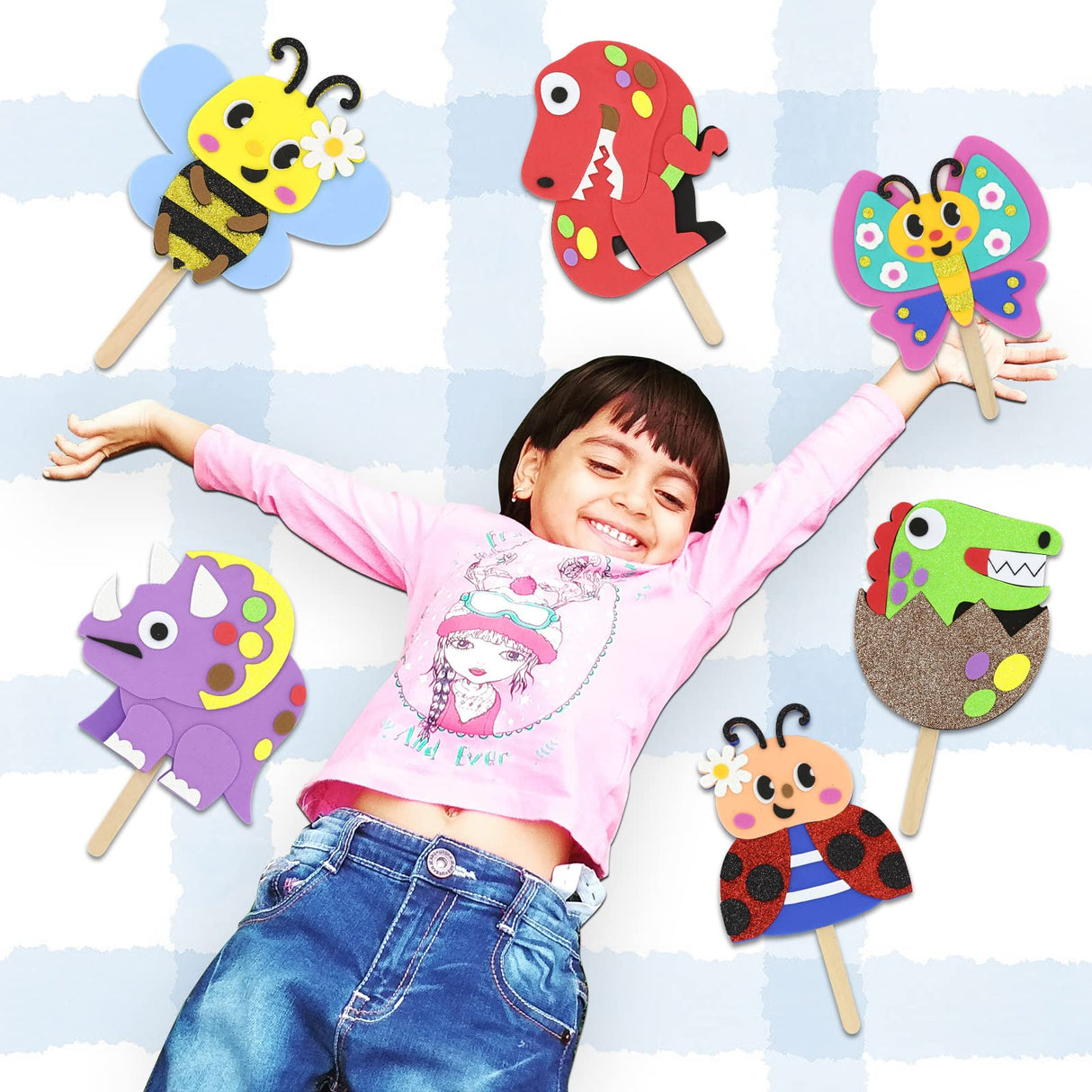 VKPI Make 6 Popstick Puppets Craft Kits for Kids, Foam Crafts, Story Time Toys for Ages 4+ Toddler, Dinosaurs, Butterfly, Preschool Projects Art Crafts, Birthday Holiday Gift VKPI