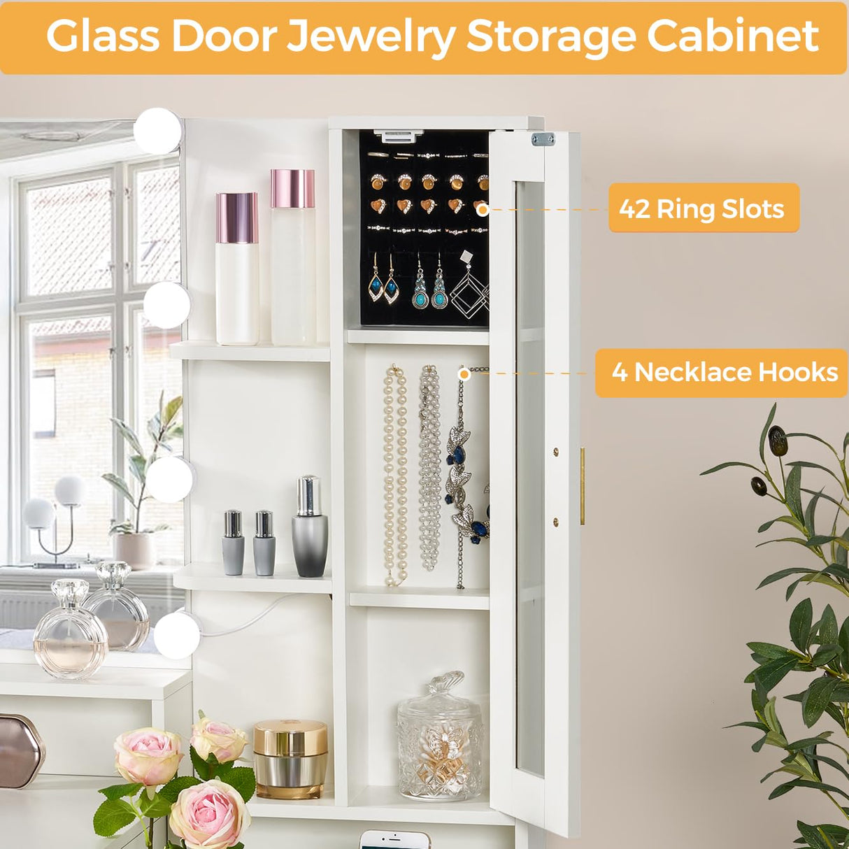 ANWBROAD Large Vanity Desk with Mirror and Lights 45.3" Makeup Vanity with Charging Station Nightstand 3 Lighting Modes Vanity Table Set with 5 Drawers Jewelry Cabinet Glass Door Bedroom White UBDT68W ANWBROAD