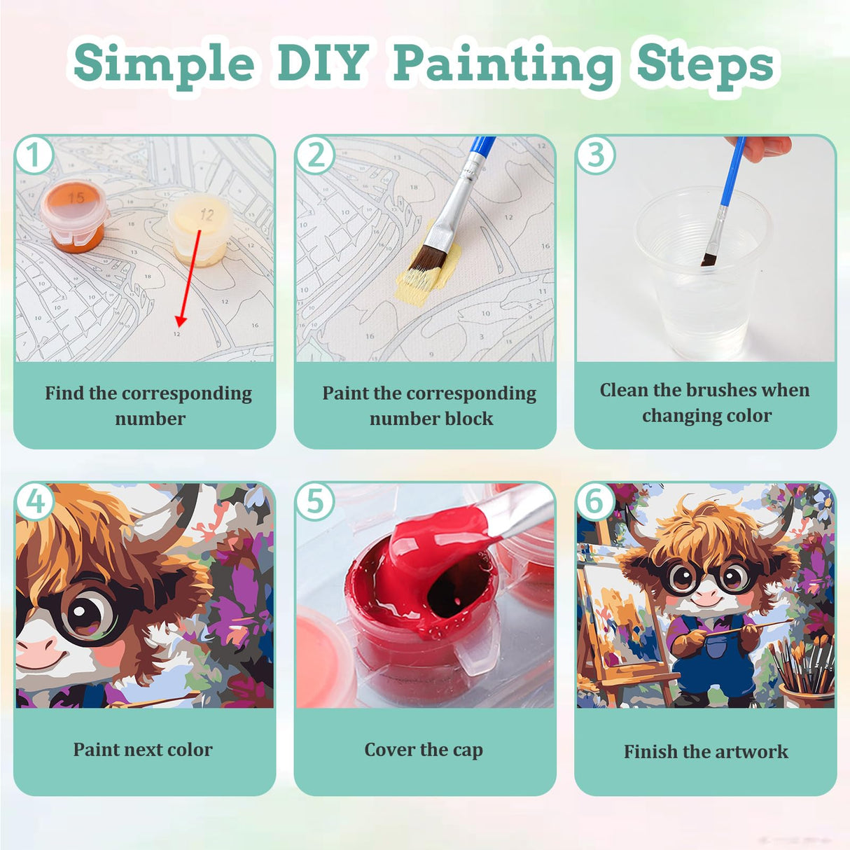 xcemhil Framed Paint by Numbers Kit for Kids and Adults, Paint by Numbers for Adults Cow, Cute Cow Kids Paint by Number Kits for Gifts and Home Decor 10x10in xcemhil