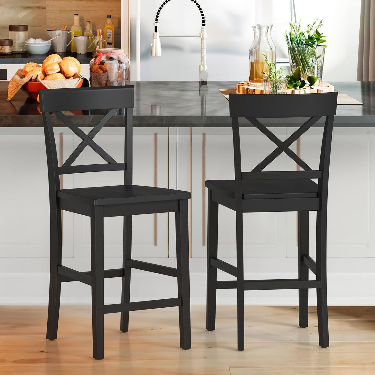 Cozyman Counter Height Bar Stools Set of 2, 24" H Wooden Counter Stools with Back and Footrest, X-Back Farmhouse Barstools for Kitchen Island, Home Bar, Black Cozyman