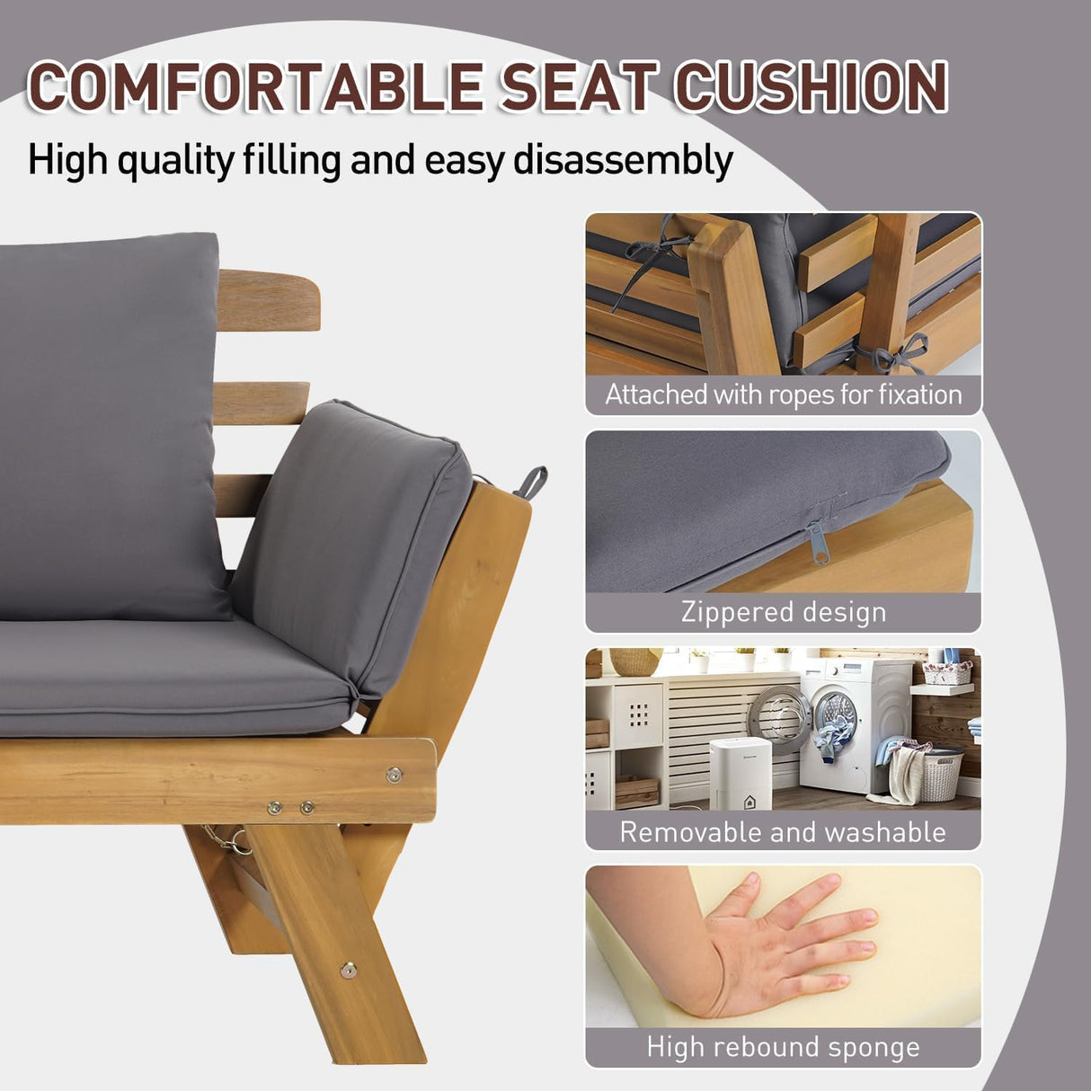 PayLessHere Outdoor Couch Patio Couch Daybed with Adjustable Armrest, Wooden Loveseat with Cushion and Pillow, and Expandable Plate PayLessHere