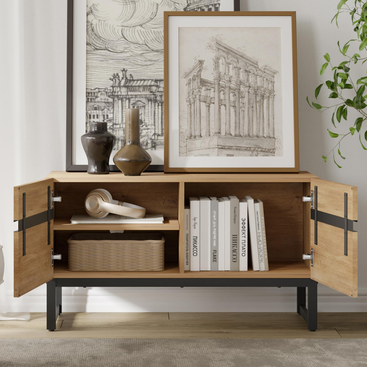 WAMPAT Modern TV Stand with Storage Cabinets for 110 Inch TV, Wood TV Entertainment Center TV Media Console Table with Metal Leg for Living Room,Oak WAMPAT