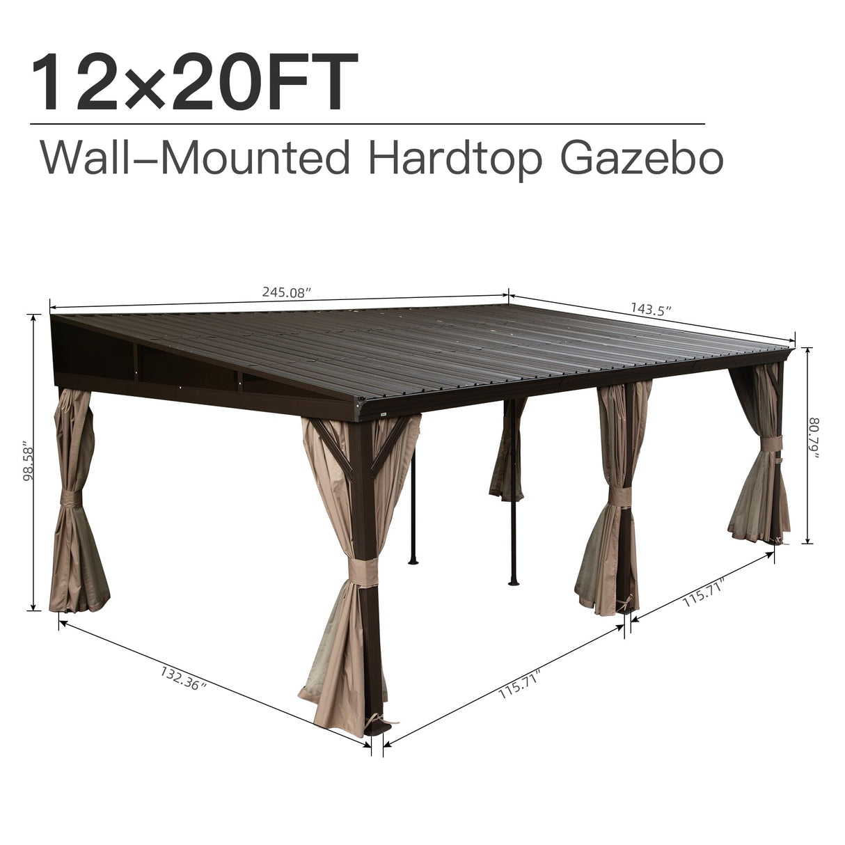 Domi 12x20FT Lean to Gazebo, Hardtop Wall Mounted Gazebo with Sloping Galvanized Steel Roof, Aluminum Frame, Drainage System, Curtains and Netting, for Patio, Deck, Garden, Backyard domi outdoor living