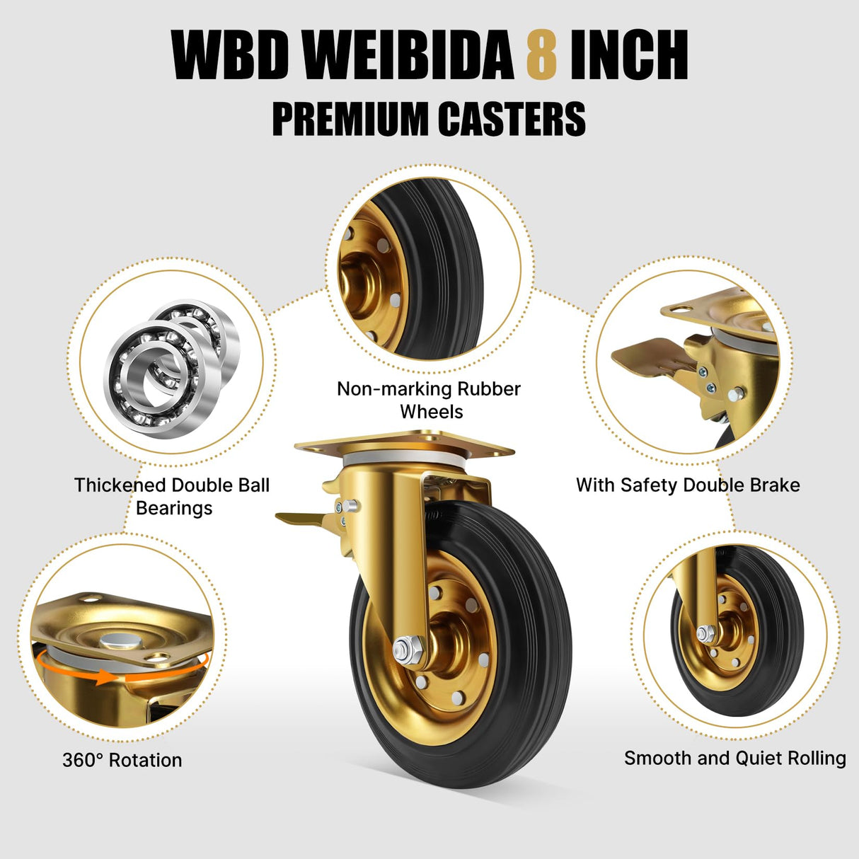 WBD WEIBIDA 8 In Heavy Duty Plate Casters Set of 4, 3200 Lbs Industrial Rubber Wheels for Cart Furniture and Workbench,Outdoor Castors Dual Locking Replacement (4 Brakes, Free Spanner) W B D WEIBIDA