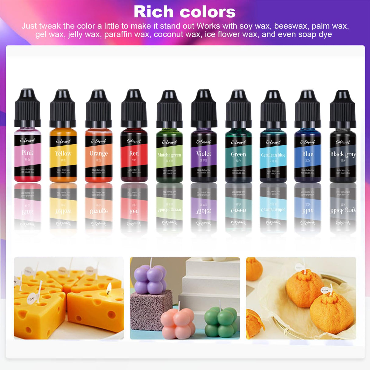 10 Colors Candle Dye, 10ml/Bottle Candle Colour Dye, Liquid Oil-Based Vivid Candle Wax Dye, Highly Concentrate Candle Making Supplies, Candle Dye for Soy Wax CUCUFA