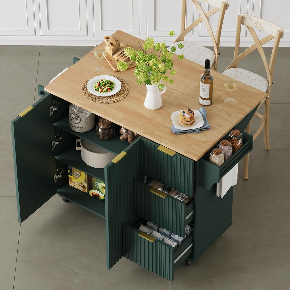 win2win Rolling Kitchen Island with Storage, Portable Kitchen Island with Drop Leaf Breakfast Bar, Modern Farmhouse Kitchen Cart on Wheels with Fluted Design, Towel Rack, Spice Rack, Olive Green win2win