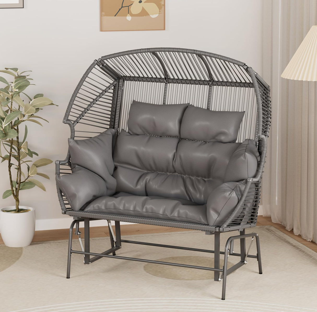 ECOTOUGE Indoor Outdoor Oversized Loveseat, Patio Double Egg Chair, 2-Person Extra Large Rattan Lounge Rocking Glider Chairs w/Pillow and Thicken Padded Cushions for Garden Balcony Sunroom, Grey ECOTOUGE