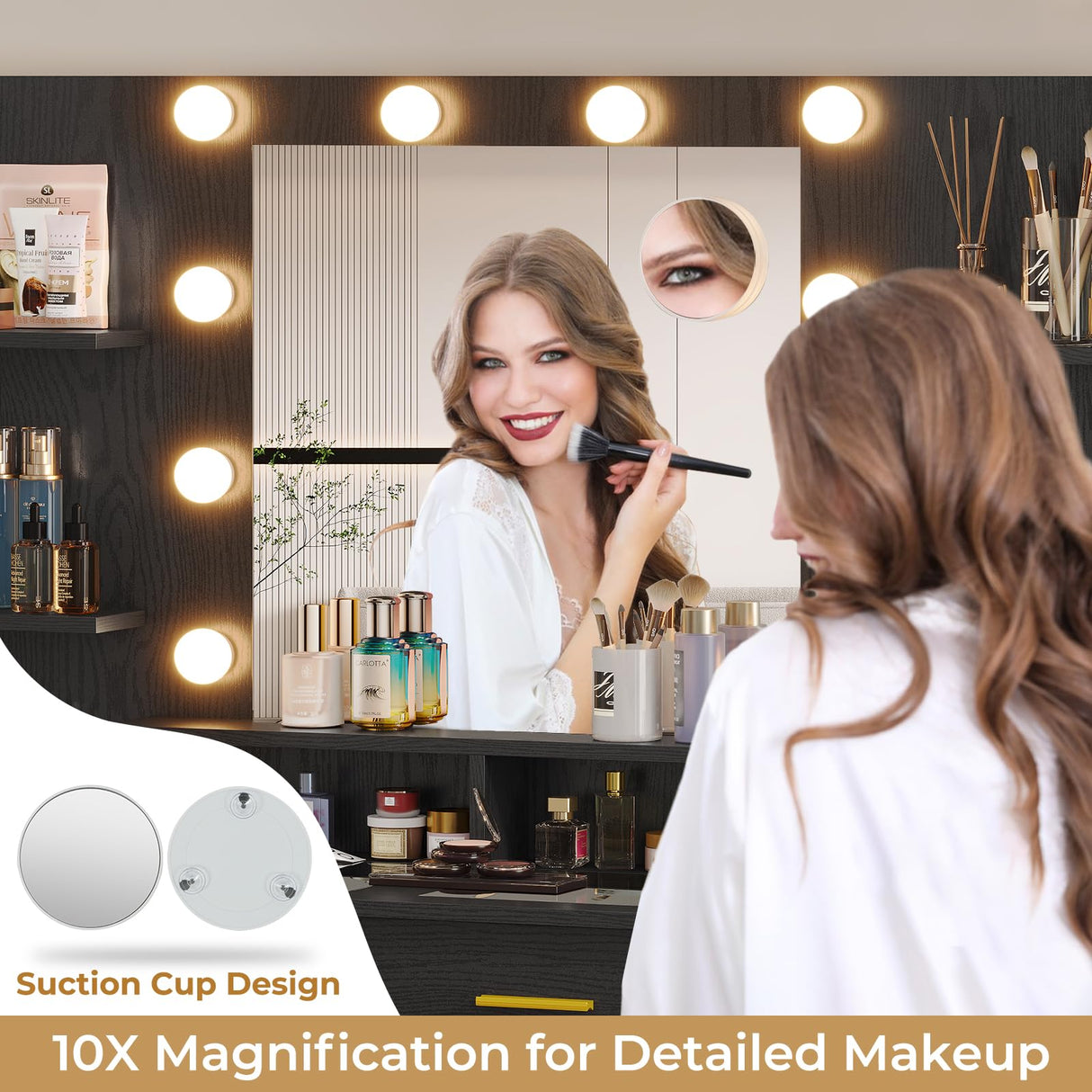 BTHFST Vanity Desk with Lights, Mirror, Charging Station - Black Wood Grain BTHFST