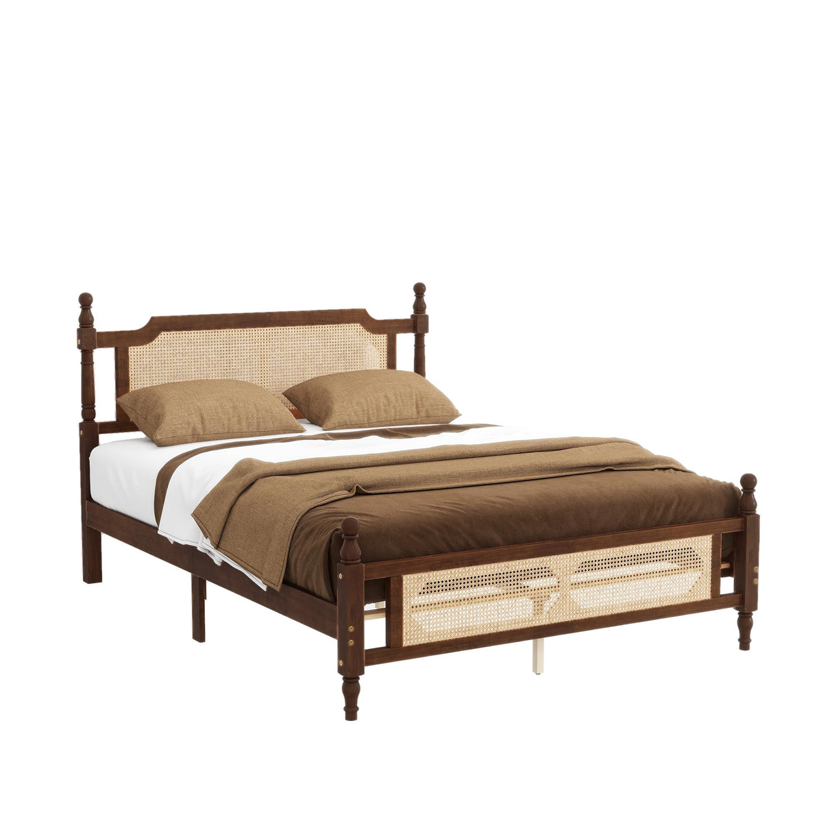 DNChuan Queen Size Platform Bed with Retro Style Rattan Headboard and Footboard,4-Post Wood Bed Frame with Central Enhanced,No Box Spring Needed, Walnut DNChuan