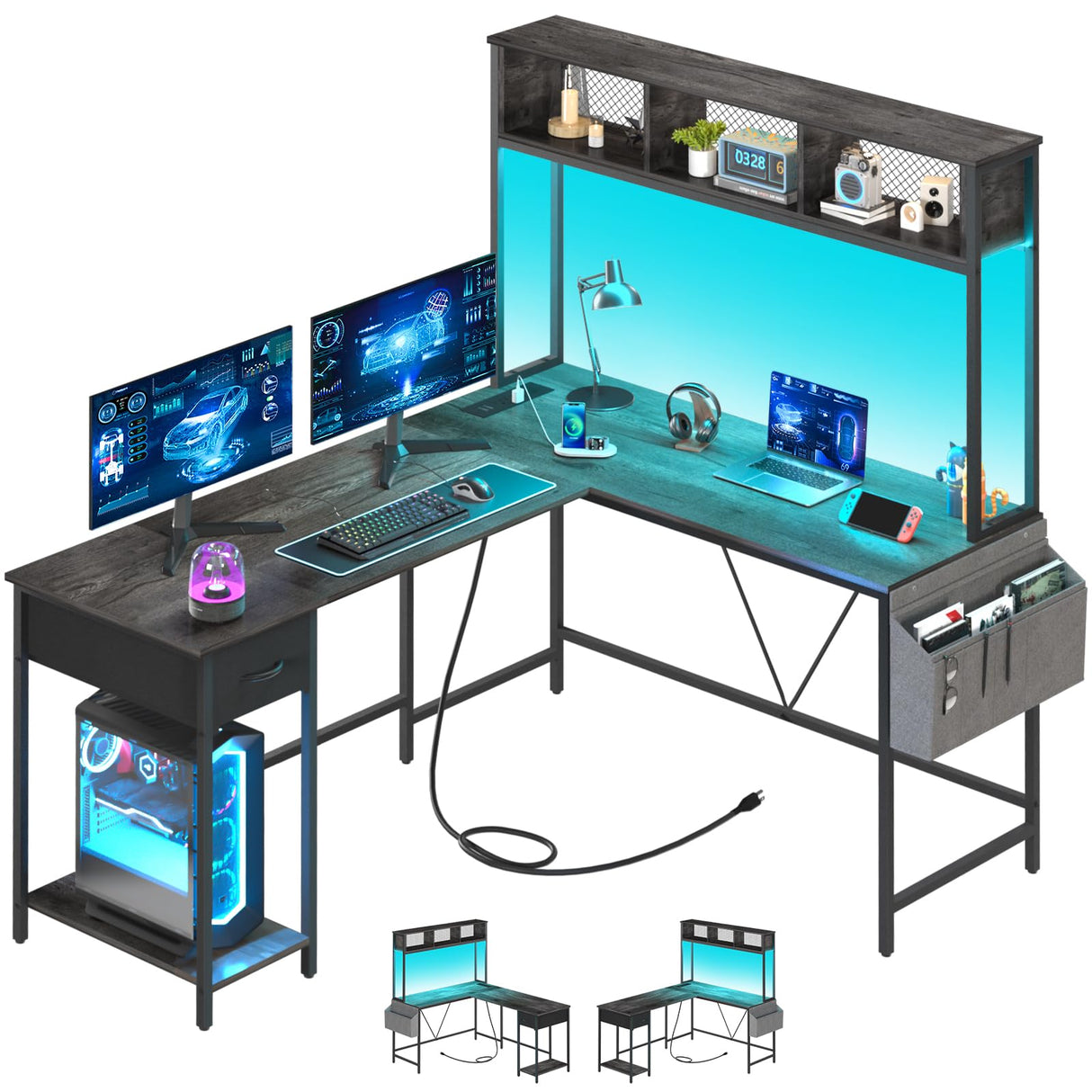 Yoobure L Shaped Desk Gaming Desk with LED Strip & Power Outlet, Reversible L-Shaped Computer Desk with Storage Shelf & Drawer, Corner Desk with Storage Bag, 2 Person Home Office Desk, Gray Yoobure