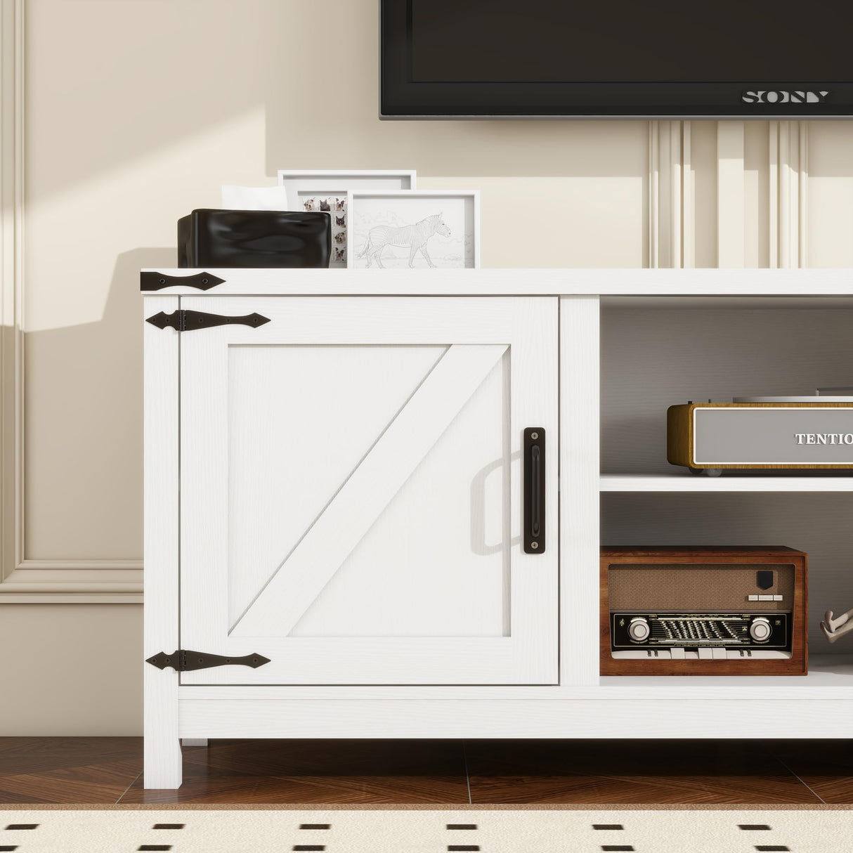 Panana Modern Farmhouse TV Stand for 65 inch TV, Entertainment Center with Storage and Open Shelves, Wood TV Stands TV Table Stand for Living Room, Bedroom (White, for 32"-65" TV) Panana