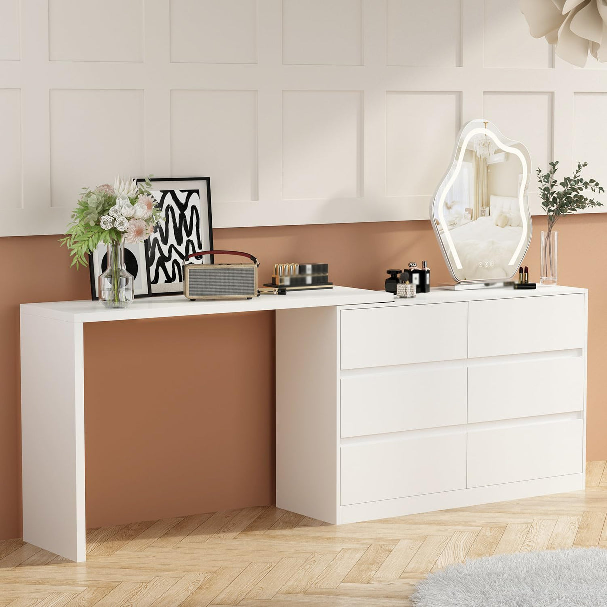 Hitow 6 Drawer Double Dresser with Makeup Vanity Desk, Deformable Wood Dresser Chest with Multifunctional Tabletop, Storage Chest of Drawers for Bedroom, White (51.2" W x 15.7" D x 31.5" H)